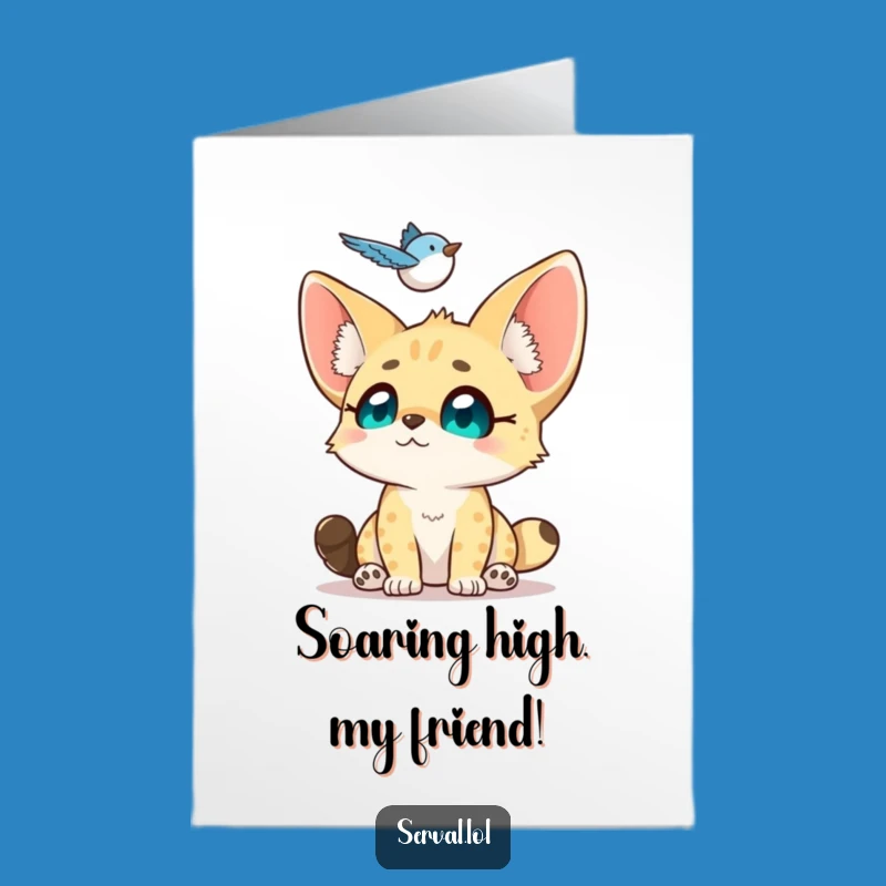 Free Printable Congrats Card: Awed Serval Watching Bird, Downloadable Cheerful Greeting for Aspirants