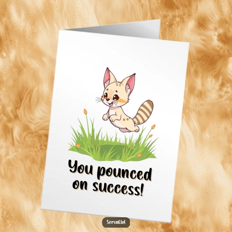 Funny Free Printable Congratulations Card: Cute serval character leaping with excitement in a grassy field, celebrating success.