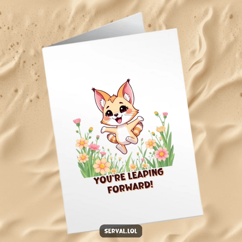 Funny Free Printable Congrats Card: A happy kawaii serval character joyfully leaps and bounds through fields of flowers.