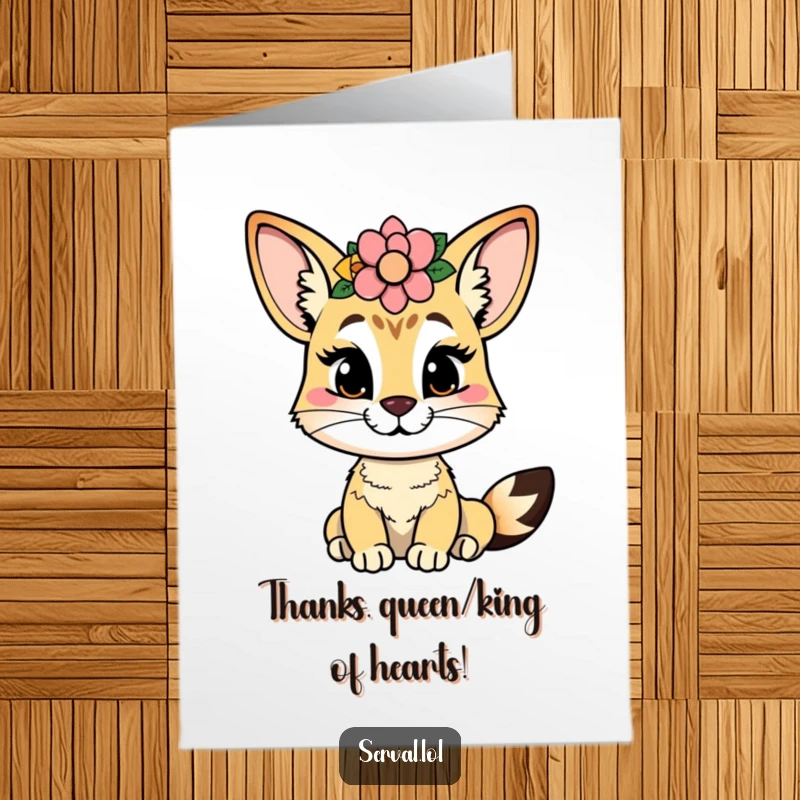 Funny Free Printable Thank You Card: A serval with a cheeky grin is adorned with a flower crown, a delightful downloadable gift.