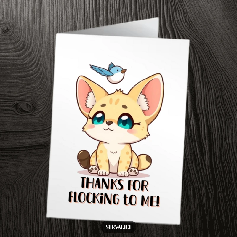 Funny Free Printable Thank You Card: Small Serval Looking Up Adoringly at Hovering Bird, DIY.