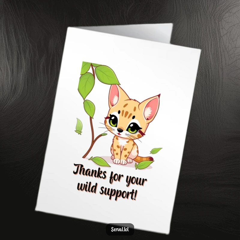 Funny Free Printable Thank You Card: A serval peeks from behind a leaf, offering a shy yet excited thank you gesture.
