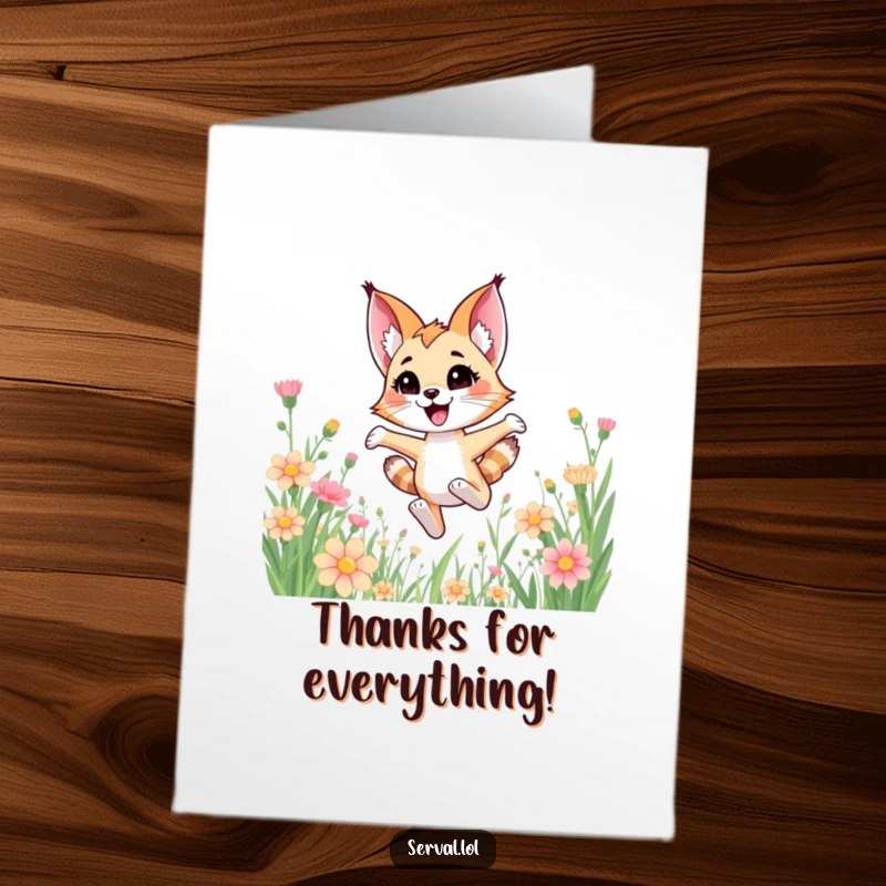 Funny Free Printable Thank You Card: A cute kawaii serval happily bounding through a meadow of tall flowers.
