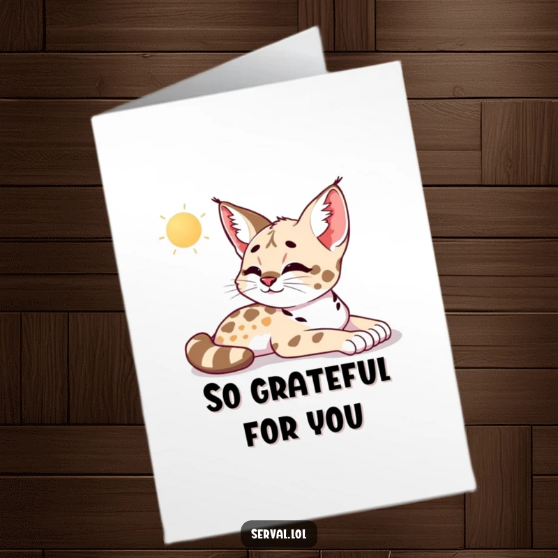 Funny Free Printable Thank You Card of a serval stretching peacefully in the warm morning sun with eyes closed.