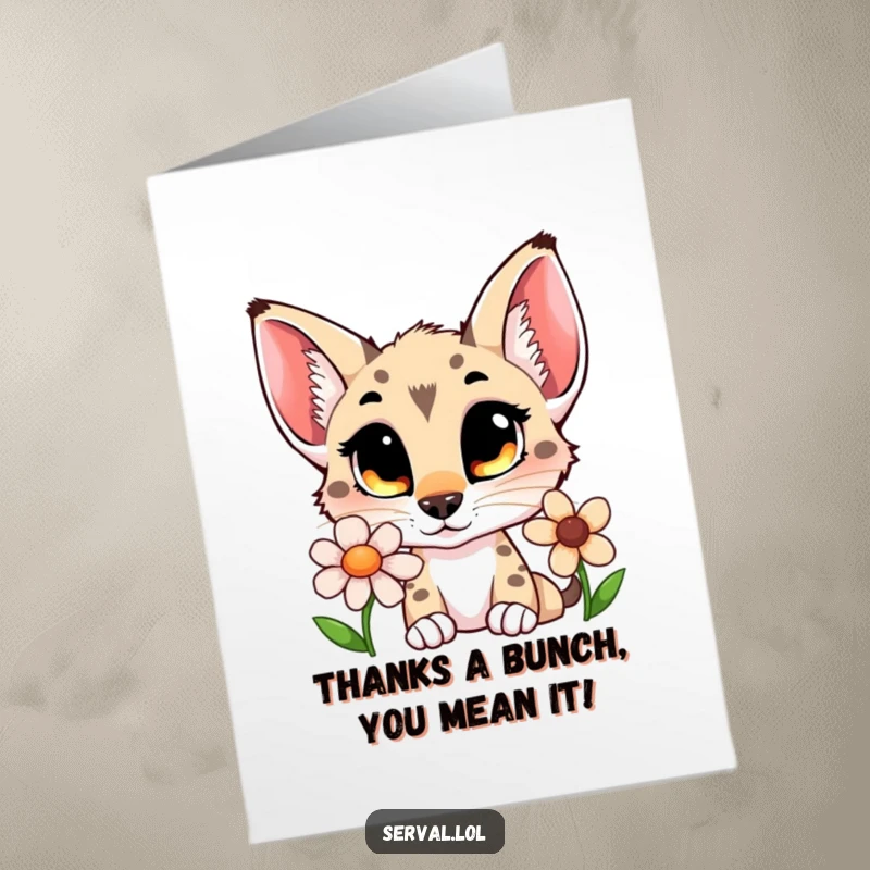 Funny Free Printable Thank You Card: A serval with curious eyes delicately sniffs a flower, a charming downloadable gift.
