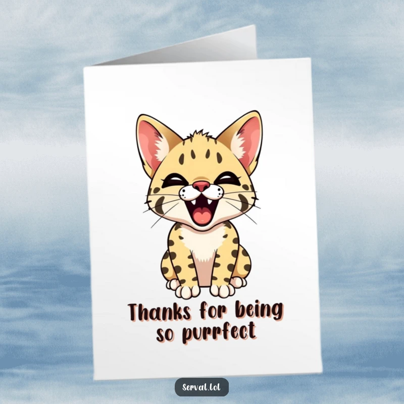 Funny Free Printable Thank You Card with a serval cat yawning, conveying a relaxed and humorous gratitude
