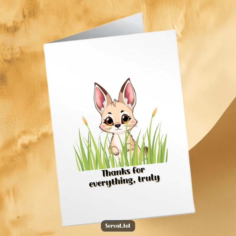 Funny free printable thank you card with a serval's large, curious eyes peeking out from behind tall grass.