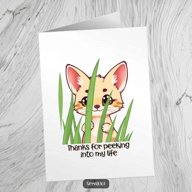 Funny Free Printable Thank You Card: Grateful serval peeking from grass, a cute and humorous way to say thanks.