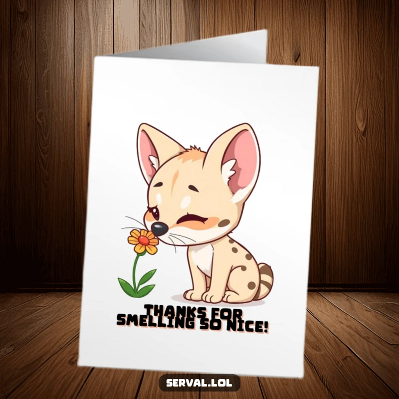 Funny Free Printable Thank You Card: Curious Serval Delightedly Sniffing a Colorful Flower, DIY.