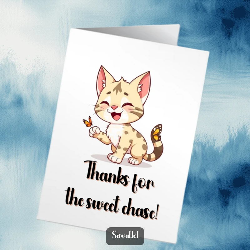 Funny Free Printable Thank You Card: Happy serval character playfully pouncing towards a tiny butterfly, expressing thanks.