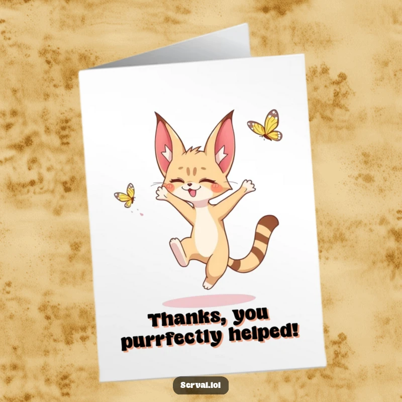 Cute Free Printable Thank You Card: A kawaii serval character leaps to catch a butterfly, conveying thanks sweetly.