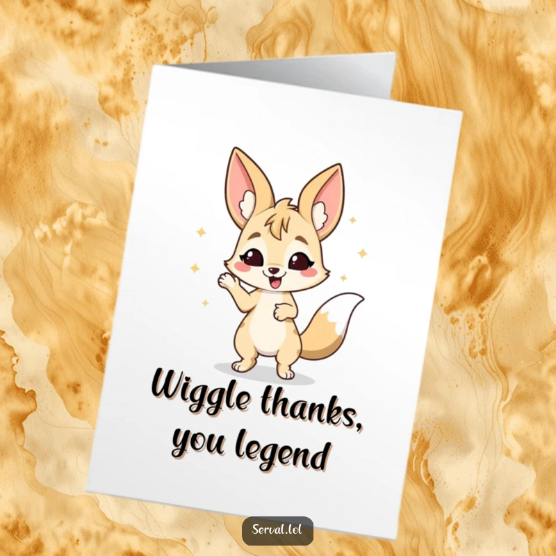 Funny Free Printable Thank You Card: A serval character doing a happy, enthusiastic wiggle dance with a big smile.