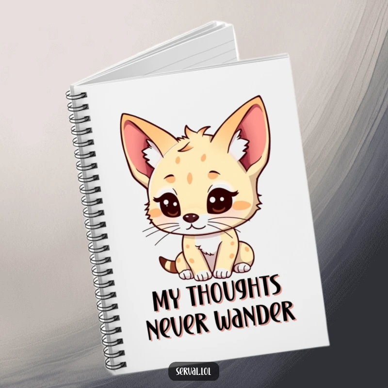 Funny kawaii serval notebook, cute serval with alert ears, listening pose for journaling, stationery, ideal funny gift.