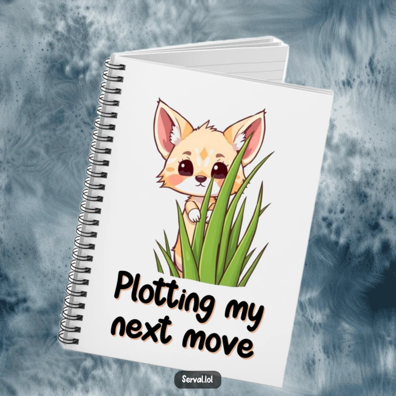 Funny kawaii serval cat peeking from grass, cute journal for notes and doodles, durable cover, a funny gift.
