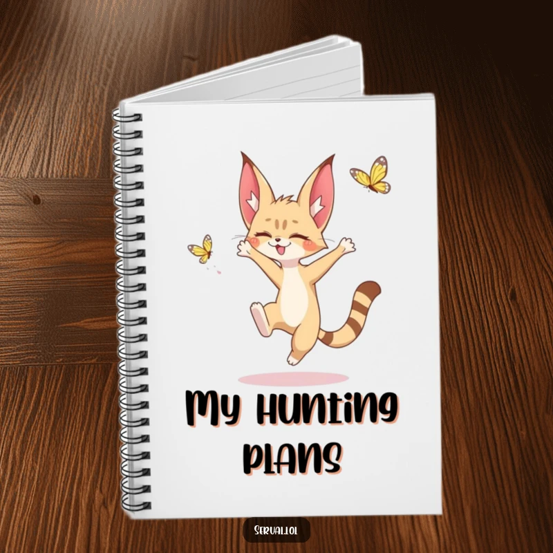 Funny notebook cover with a kawaii serval character leaping to catch a butterfly, perfect for note-taking with a dose of adorable charm.