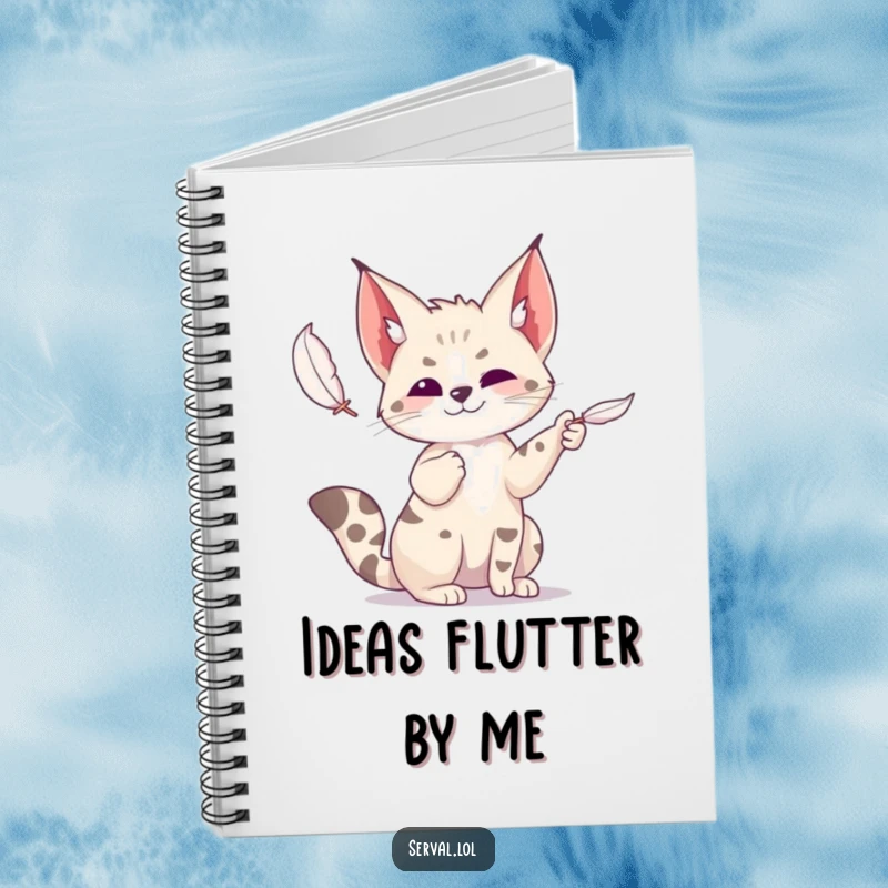 Funny serval notebook cover with a wild cat playfully batting at a feather, encouraging imaginative and fun note-taking.