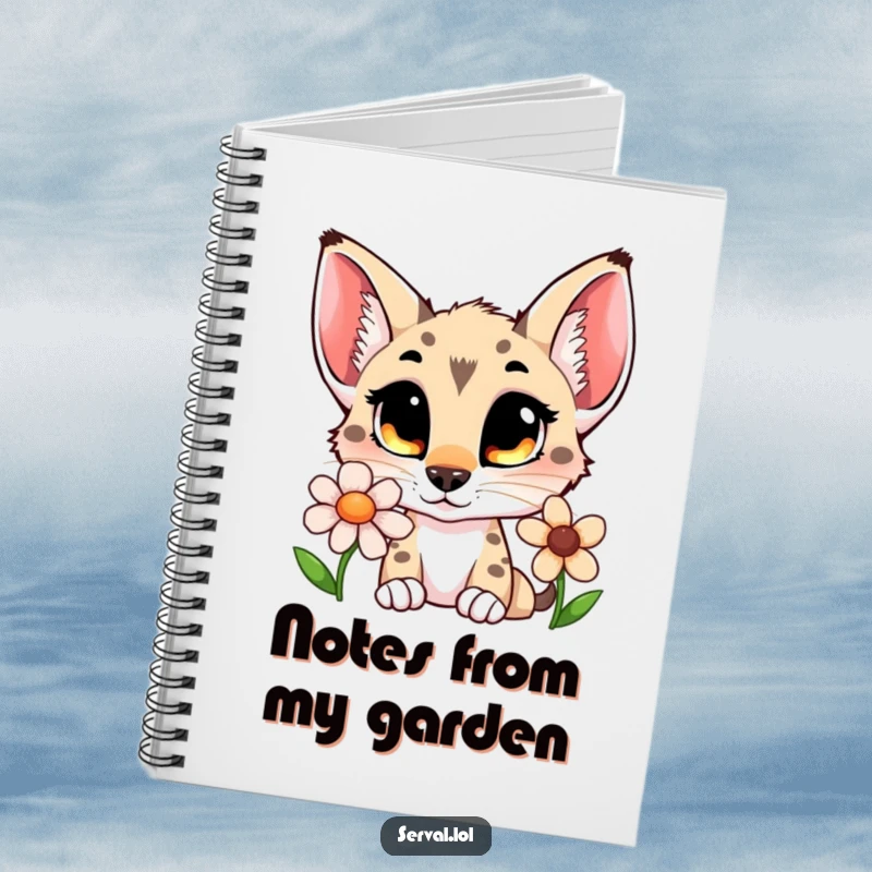 Funny serval notebook featuring a curious cat with wide eyes smelling a flower, perfect for writing and sketching.