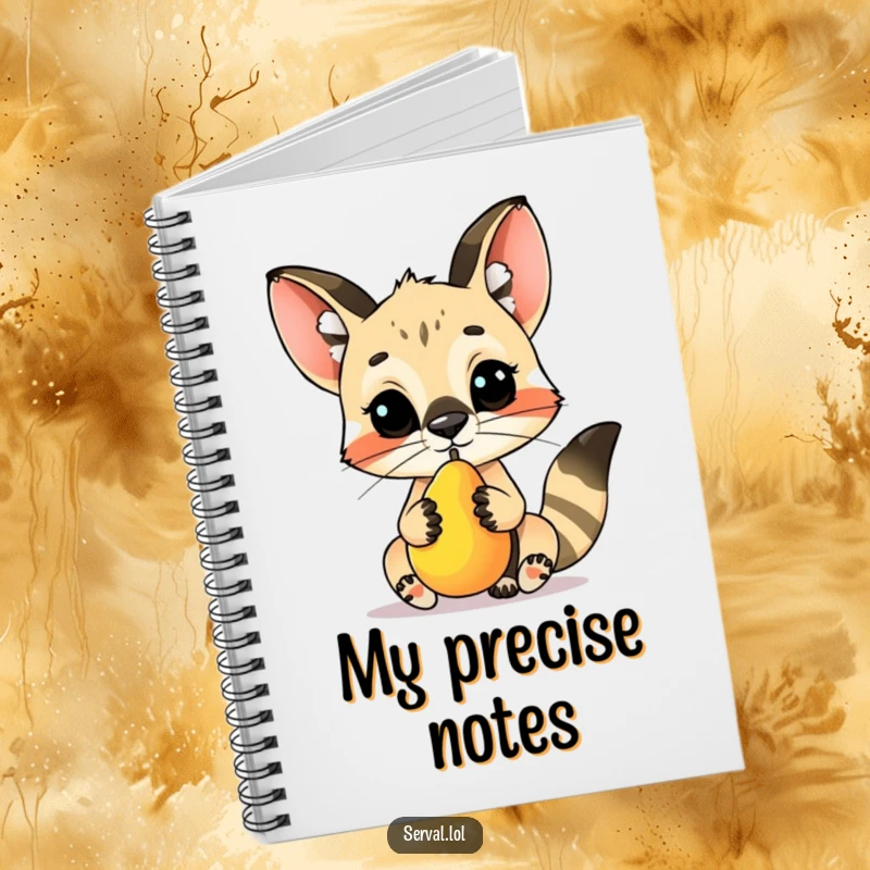 Funny serval character notebook, skillfully balancing a small fruit on its nose, inspiring precise note-taking and creative focus.
