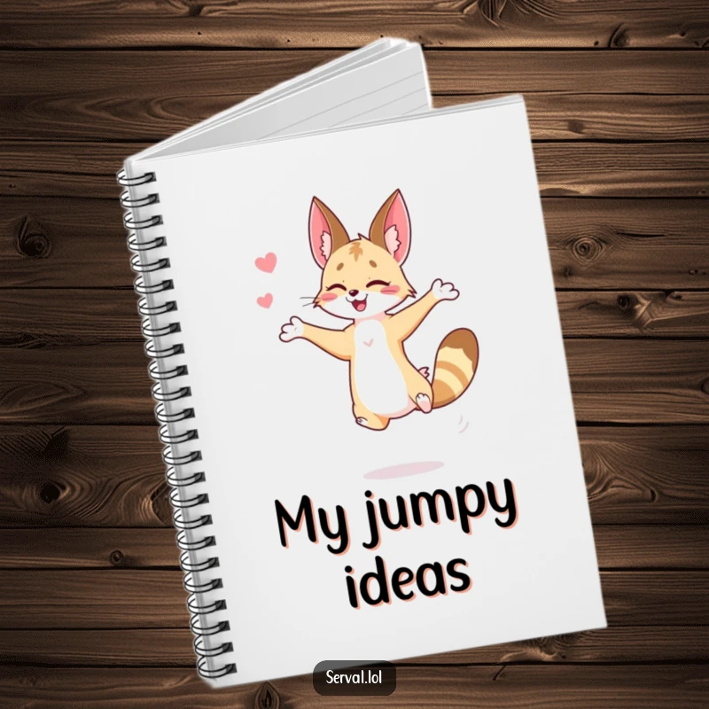 Funny serval notebook featuring a serval in a dynamic jump, ideal for jotting down notes with agility and a humorous touch.