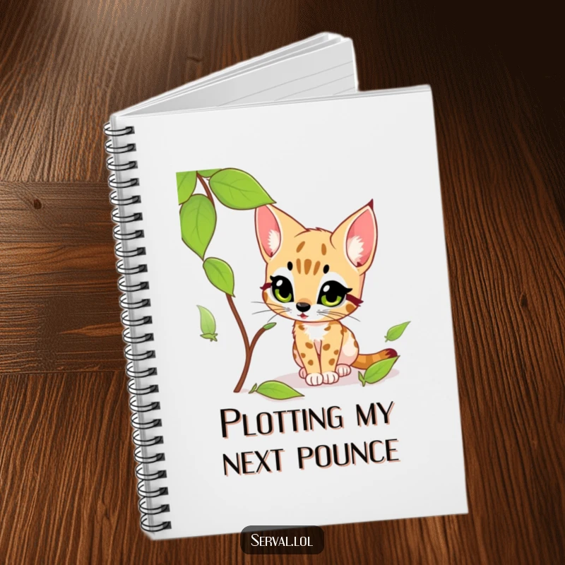Funny serval notebook featuring a serval's excited gaze as it curiously stalks a rustling leaf, ideal for jotting down funny ideas.