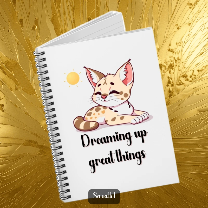 Funny serval notebook showing a serval stretching lazily in the morning sun, exhaling a peaceful, contented sigh, ideal for journaling.
