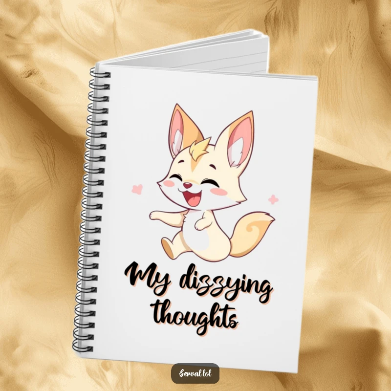Funny serval notebook with a serval character joyfully twirling, ideal for capturing energetic thoughts.