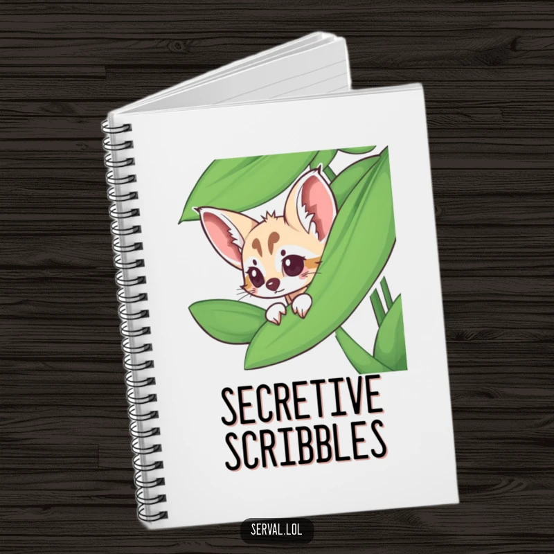 Funny serval notebook with a serval peeking from behind a jungle leaf, ideal for jotting down secrets.