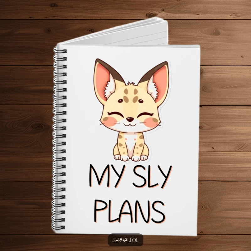 Funny serval notebook with a serval character winking, its distinctive spotted ears adding a playful touch.