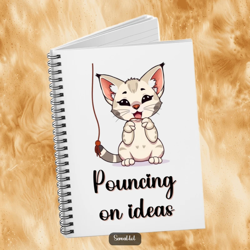 Funny serval notebook featuring a playful serval batting at a dangling string with its paws, ideal for journaling and as a funny gift.