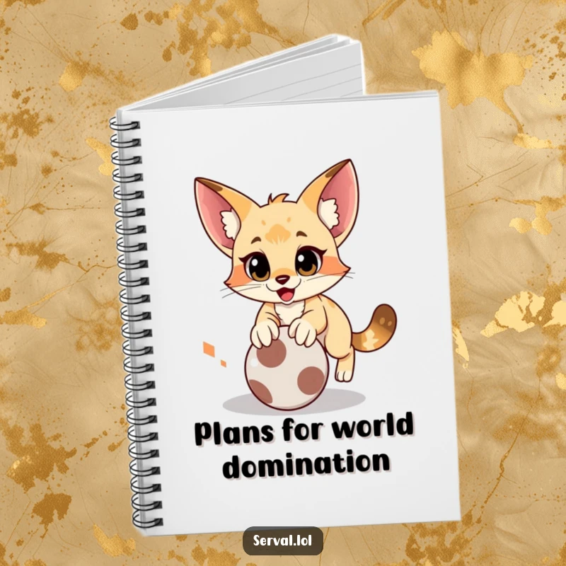 Funny serval notebook depicting a cat in a comical pounce on a rolling ball, great for note-taking and planning.