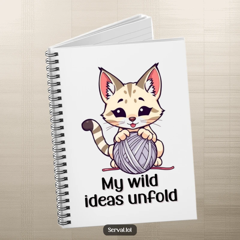 Funny serval notebook, a wild cat playfully pouncing on a ball of yarn, perfect for jotting notes.