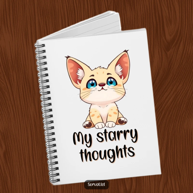 Funny serval notebook featuring a serval with bright eyes looking at the sky, ideal for jotting down dreams and ideas.