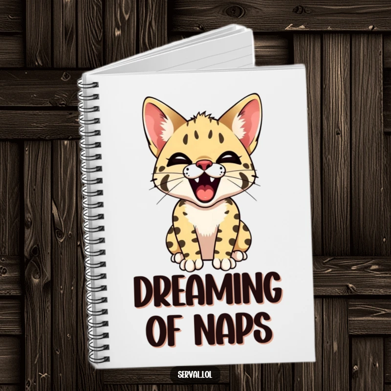 Funny Serval Yawn Notebook. A serval cat yawning, showing its tiny teeth, on the cover of a lined notebook for journaling and notes.