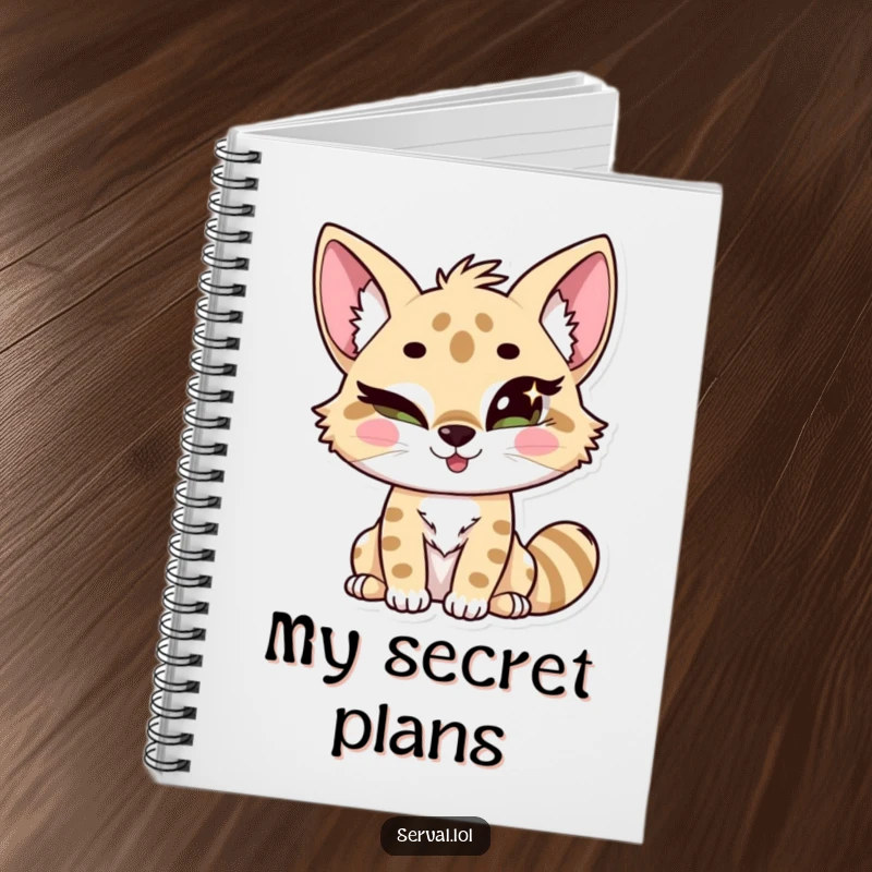 Funny kawaii serval character giving a playful wink with sparkling eyes, perfect for journaling secrets and ideas. Gift idea.