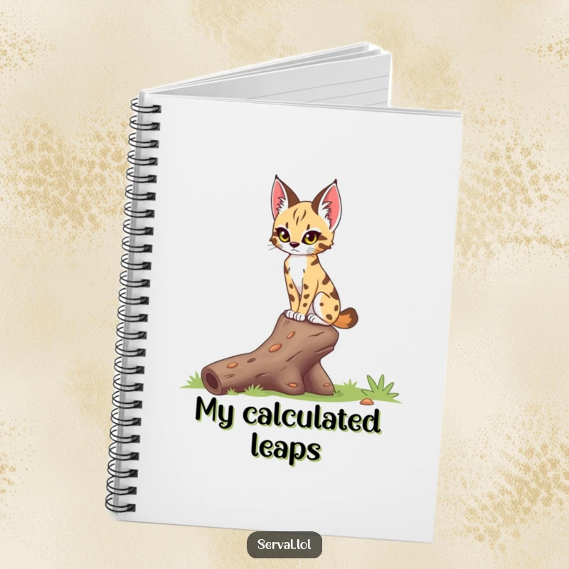 Funny serval notebook showing a serval with a focused gaze, delicately balancing on a fallen log, ideal for detailed notes and plans.