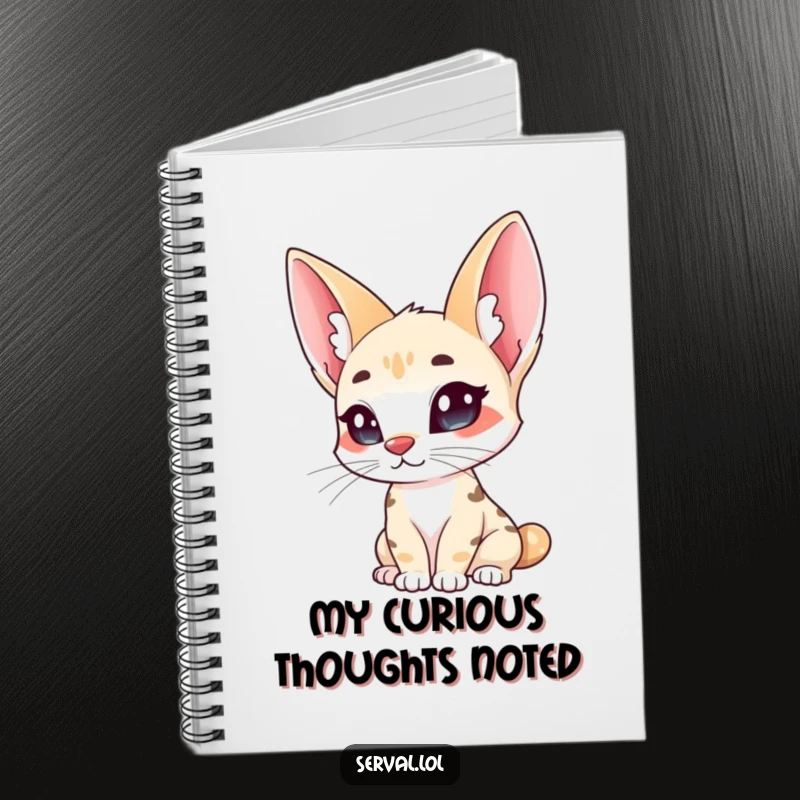 Funny serval notebook, a wild cat with large ears curiously tilting its head, perfect for jotting notes.