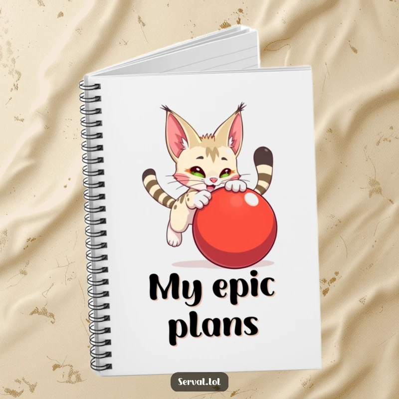 Funny serval character notebook, mid-pounce on a large red ball, inspiring energetic note-taking and creative bursts.