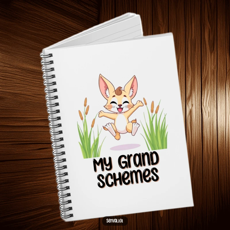 Funny serval character notebook, joyfully leaping through tall grass, inspiring bold ideas and adventurous note-taking.