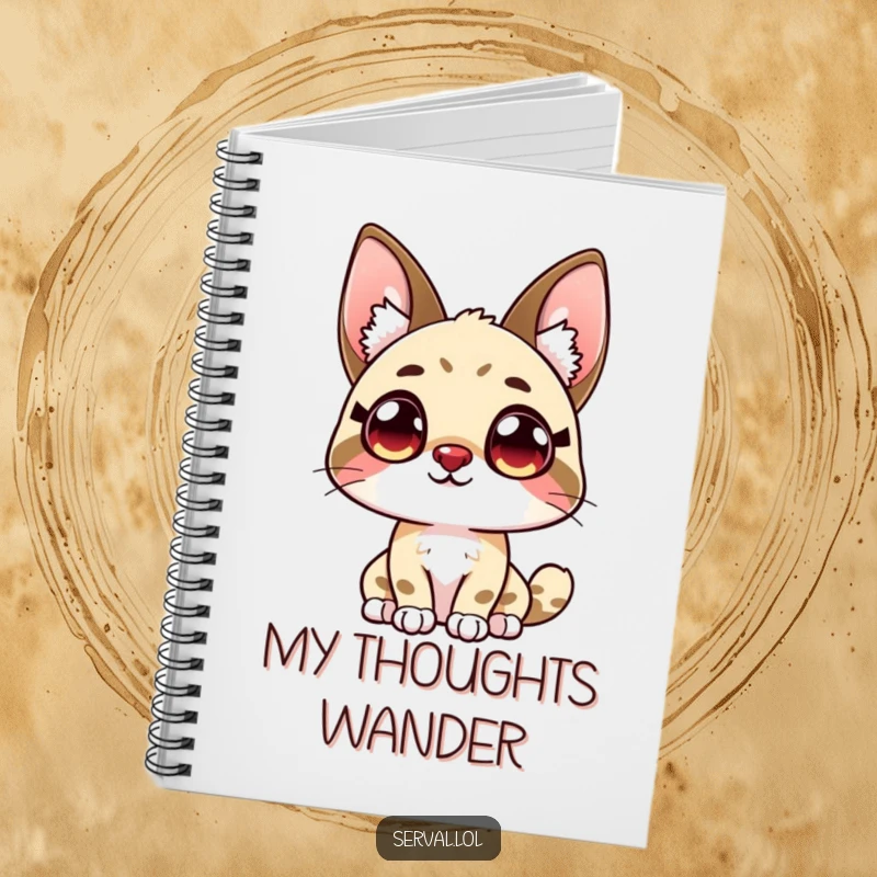 Funny kawaii serval character with wide, curious eyes on the cover of a notebook, perfect for journaling.