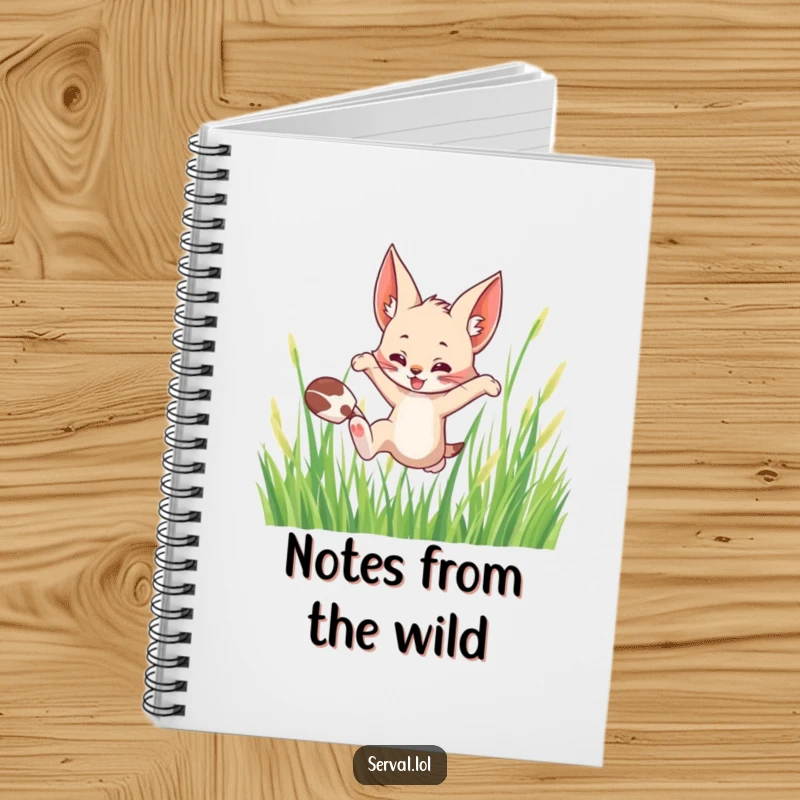 Funny notebook featuring a serval cat leaping playfully through tall grass, perfect for jotting down wild ideas and journeys.