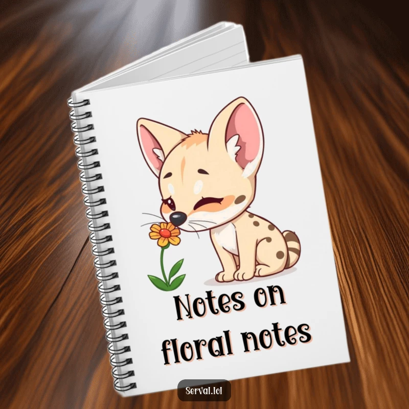 Funny Serval Notebook: A curious serval delights in sniffing a colorful flower, ideal for capturing nature-inspired thoughts.