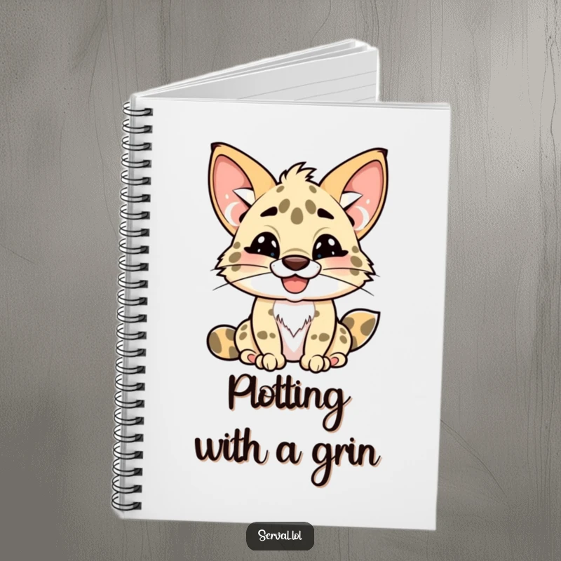 Funny kawaii serval notebook, cute serval with a playful toothy grin, stationery, ideal funny gift.