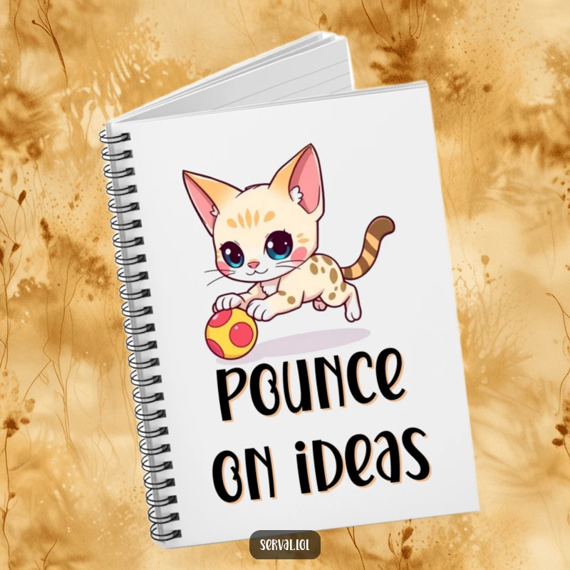 Funny serval cat character notebook with an agile serval cat mid-pounce, perfect for jotting down focused thoughts and strategic plans.