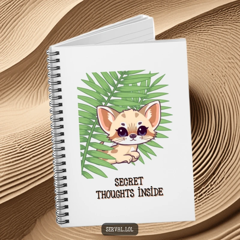 Funny kawaii serval peeking from behind a fern, a cute and humorous notebook for capturing thoughts and ideas with charm.