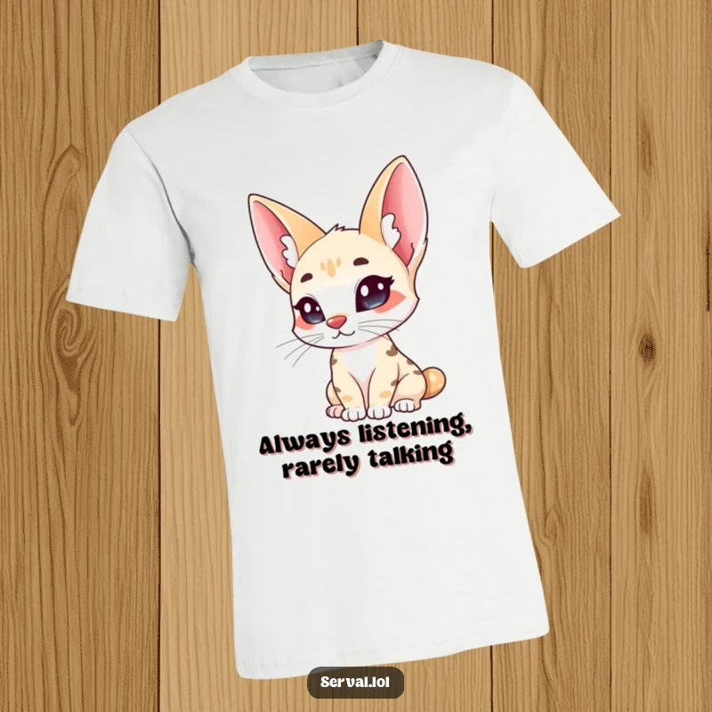 Funny serval t-shirt, a wild cat with oversized ears curiously tilting its head, looking inquisitive and adorable.