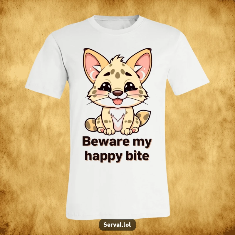Funny kawaii serval t-shirt design, featuring a playful, toothy grin, cute wild cat graphic, perfect for a funny gift.