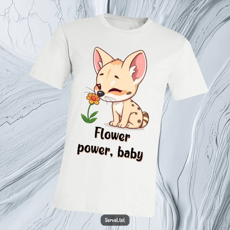 Funny Serval T-Shirt: A curious serval joyfully sniffs a colorful flower, capturing a moment of pure delight and wonder.