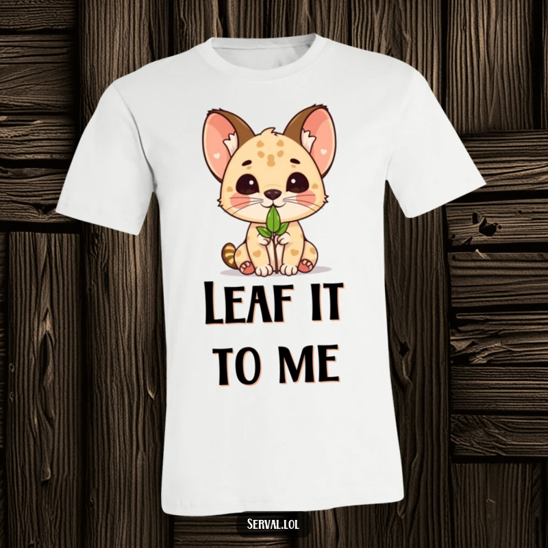 Funny kawaii serval cat balancing a delicate leaf on its nose, printed on a soft t-shirt.