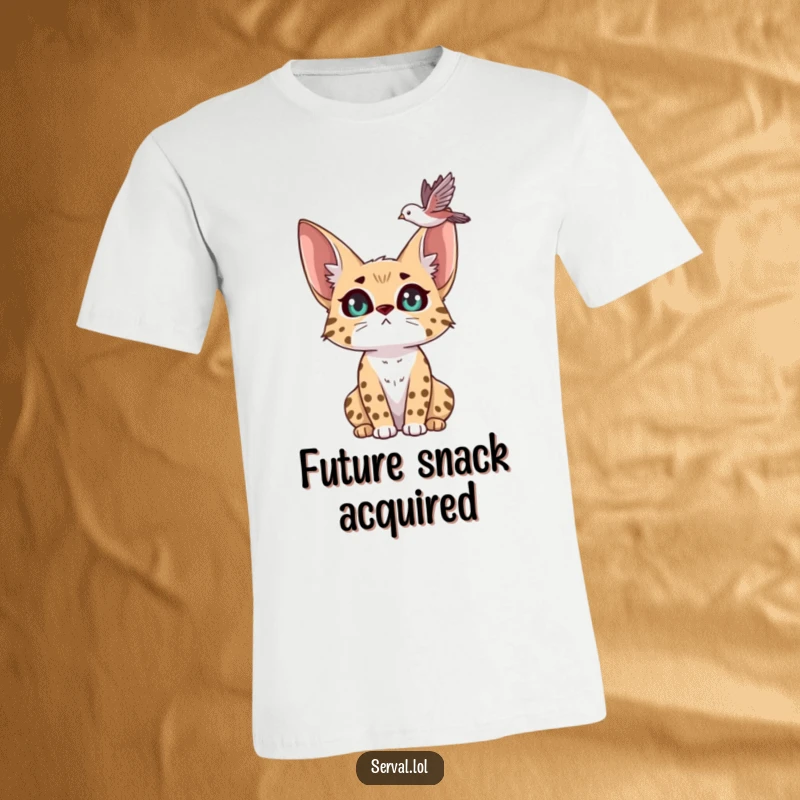 Funny serval t-shirt showing a serval with large, expressive eyes, fixated on a bird flying high above, capturing a moment of intense observation.