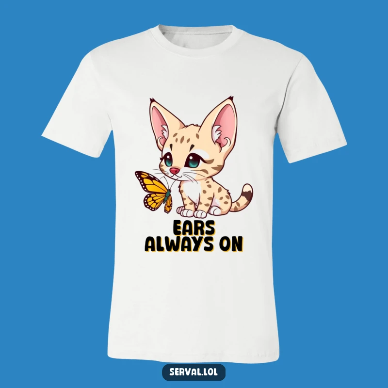 Funny Serval Butterfly Curiosity T-Shirt - Embrace Gentle Wonder